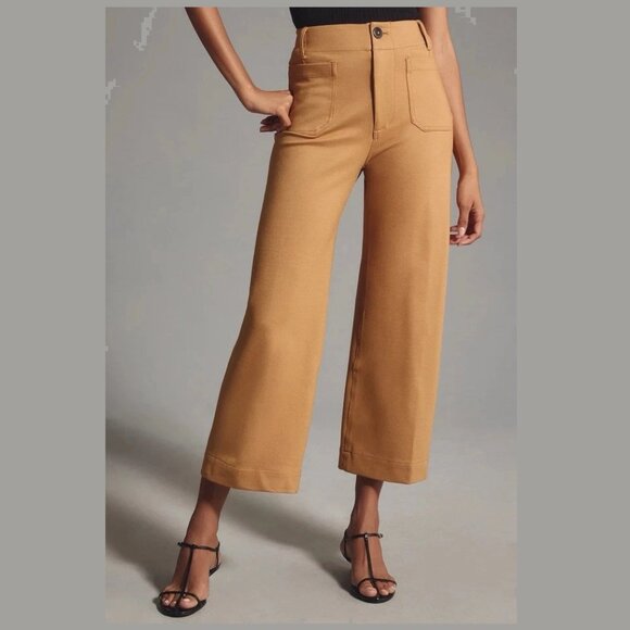 23 TALL Anthropologie Maeve Colette Cropped Wide-Leg Pants Ponte Edition Khaki - Picture 1 of 11